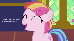 Size: 1280x720 | Tagged: safe, edit, edited screencap, screencap, character:toola roola, episode:fame and misfortune, g4, my little pony: friendship is magic, happy, roolabetes, text, toola roola will be painting away