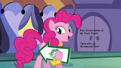 Size: 1280x720 | Tagged: safe, edit, edited screencap, screencap, character:pinkie pie, episode:spice up your life, g4, my little pony: friendship is magic, advertising, arrow, text