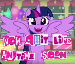 Size: 1049x902 | Tagged: safe, edit, edited screencap, screencap, character:twilight sparkle, character:twilight sparkle (alicorn), species:alicorn, species:pony, episode:the one where pinkie pie knows, g4, my little pony: friendship is magic, caption, dissonant caption, expand dong, exploitable meme, female, image macro, implied suicide, mare, meme, smiling, solo, text