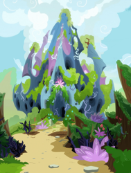 Size: 1920x2540 | Tagged: safe, edit, screencap, episode:to change a changeling, g4, my little pony: friendship is magic, background, bag, changeling hive, cloud, fern, flower, flying, moss, no pony, plant, scenery, vine