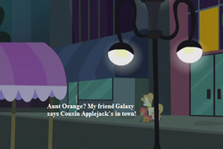 Size: 450x300 | Tagged: safe, edit, edited screencap, screencap, character:aunt orange, character:babs seed, episode:made in manehattan, g4, my little pony: friendship is magic, cropped, manehattan, streetlight, text