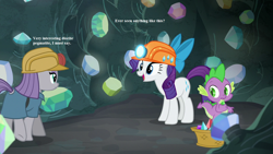 Size: 1280x720 | Tagged: safe, edit, edited screencap, screencap, character:maud pie, character:rarity, character:spike, species:dragon, episode:rock solid friendship, g4, my little pony: friendship is magic, cave, gem, gem cave, rock, text, that pony sure does love rocks