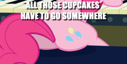 Size: 570x290 | Tagged: safe, edit, edited screencap, screencap, character:pinkie pie, species:pony, episode:castle mane-ia, g4, my little pony: friendship is magic, balloonbutt, butt, butt only, image macro, meme, plot, sitting, text, thick