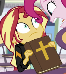 Size: 651x729 | Tagged: safe, edit, edited screencap, screencap, character:pinkie pie, character:sunset shimmer, /mlp/, equestria girls:mirror magic, g4, my little pony: equestria girls, my little pony:equestria girls, spoiler:eqg specials, bible, book, christian sunset shimmer, christianity, cropped, cross, meme, reaction image, religion