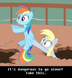 Size: 875x952 | Tagged: safe, edit, edited screencap, screencap, character:derpy hooves, character:rainbow dash, species:pegasus, species:pony, episode:the last roundup, g4, my little pony: friendship is magic, butt touch, female, holding a pony, hoof on butt, image macro, it's dangerous to go alone, mare, nintendo, take this, the legend of zelda