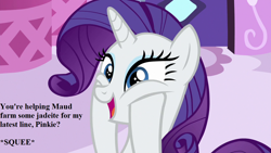 Size: 1280x720 | Tagged: safe, edit, edited screencap, screencap, character:rarity, episode:the cart before the ponies, g4, my little pony: friendship is magic, carousel boutique, fashion, happy, implied maud pie, implied pinkie pie, smiling, squee, squishy cheeks, text, that pony sure does love fashion, that pony sure does love gems