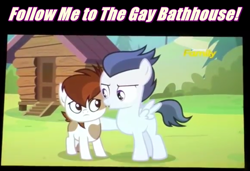 Size: 1094x747 | Tagged: safe, edit, screencap, character:pipsqueak, character:rumble, species:pegasus, species:pony, episode:marks and recreation, g4, my little pony: friendship is magic, colt, foal romance, follow me to the gay bath house, gay, image macro, male, meme