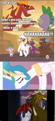 Size: 436x960 | Tagged: safe, edit, edited screencap, screencap, character:garble, character:princess celestia, character:spike, species:alicorn, species:dragon, species:pony, episode:dragon quest, g4, my little pony: friendship is magic, caption, female, hub logo, male, mare, optilestia, optimus prime, punch, transformers