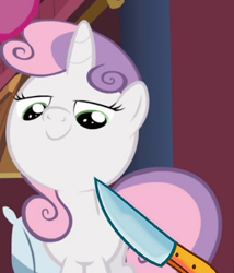 Size: 394x460 | Tagged: safe, edit, edited screencap, screencap, character:sweetie belle, episode:just for sidekicks, g4, my little pony: friendship is magic, knife, knife cat, ponified animal photo, smug
