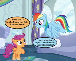 Size: 800x650 | Tagged: safe, edit, edited screencap, screencap, character:rainbow dash, character:scootaloo, species:pegasus, species:pony, episode:the cart before the ponies, g4, my little pony: friendship is magic, baseball, cropped, dialogue, rainbow dash's house, scootaloo will show us games to play, speech bubble, sports