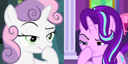 Size: 942x471 | Tagged: safe, edit, screencap, character:starlight glimmer, character:sweetie belle, species:pony, species:unicorn, episode:family appreciation day, episode:no second prances, g4, my little pony: friendship is magic, boop, comparison, cropped, devious, exploitable meme, female, glimmerposting, lidded eyes, meme, raised eyebrow, scheming belle, self-boop, smiling, smirk, solo