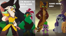 Size: 1137x634 | Tagged: safe, edit, edited screencap, screencap, character:applejack, character:boyle, character:capper dapperpaws, character:captain celaeno, character:mullet, character:rarity, character:spike, species:anthro, species:digitigrade anthro, species:dragon, species:pony, species:unicorn, ship:capperity, my little pony: the movie (2017), anthro with ponies, basalt beach, cat, clothing, coat, cropped, eyepatch, female, male, mare, parrot pirates, pirate, shipping, trailer