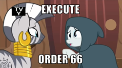 Size: 546x307 | Tagged: safe, edit, edited screencap, screencap, character:rarity, character:zecora, species:pony, species:unicorn, species:zebra, episode:it isn't the mane thing about you, g4, my little pony: friendship is magic, crossover, female, image macro, mare, meme, order 66, star wars, tv-y