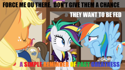 Size: 1920x1080 | Tagged: safe, edit, edited screencap, screencap, character:applejack, character:davenport, character:rainbow dash, character:rarity, species:earth pony, species:pegasus, species:pony, species:unicorn, episode:it isn't the mane thing about you, g4, my little pony: friendship is magic, alternate hairstyle, caption, colors, female, image macro, male, mare, meme, misspelling, punkity, stallion, white walls
