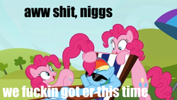 Size: 600x338 | Tagged: safe, edit, edited screencap, screencap, character:pinkie pie, character:rainbow dash, species:earth pony, species:pony, episode:too many pinkie pies, g4, my little pony: friendship is magic, beach chair, clone, female, image macro, mare, pinkie clone, sunglasses, vulgar