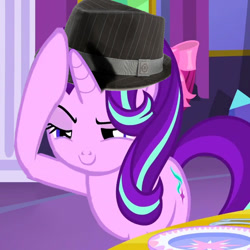 Size: 600x600 | Tagged: safe, edit, edited screencap, screencap, character:starlight glimmer, species:pony, species:unicorn, episode:no second prances, g4, my little pony: friendship is magic, boop, clothing, cropped, exploitable meme, fedora, female, glimmerposting, hat, lidded eyes, m'lady, mare, meme, raised eyebrow, self-boop, smiling, smirk, solo