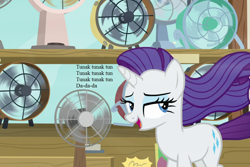Size: 1080x720 | Tagged: safe, edit, edited screencap, screencap, character:rarity, species:pony, species:unicorn, episode:it isn't the mane thing about you, g4, my little pony: friendship is magic, cropped, daler mehndi, fans, female, lyrics, mare, music video reference, punjabi, solo, song reference, text, tunak tunak tun, windswept mane