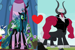 Size: 1078x718 | Tagged: safe, edit, edited screencap, screencap, character:lord tirek, character:queen chrysalis, species:centaur, species:changeling, ship:chrysirek, episode:a canterlot wedding, episode:twilight's kingdom, g4, my little pony: friendship is magic, changeling queen, female, interspecies, male, shipping, shipping domino, straight, tiralis, wrong aspect ratio