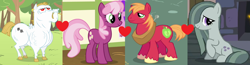 Size: 1900x494 | Tagged: safe, edit, edited screencap, screencap, character:big mcintosh, character:bulk biceps, character:cheerilee, character:marble pie, species:earth pony, species:pegasus, species:pony, ship:cheerimac, ship:marbilee, ship:marblemac, bulkmac, cheeribulk, cheerimarblemac, female, gay, lesbian, love square, love triangle, male, marbulk, shipping, shipping domino, straight