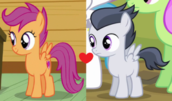 Size: 1124x662 | Tagged: safe, edit, edited screencap, screencap, character:rumble, character:scootaloo, species:pegasus, species:pony, ship:rumbloo, colt, female, filly, male, shipping, shipping domino, straight