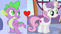 Size: 1000x554 | Tagged: safe, edit, edited screencap, screencap, character:spike, character:sweetie belle, species:dragon, ship:spikebelle, female, interspecies, male, shipping, shipping domino, straight