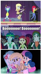 Size: 933x1682 | Tagged: safe, edit, edited screencap, screencap, character:blueberry cake, character:bon bon, character:captain planet, character:derpy hooves, character:lavender lace, character:lyra heartstrings, character:scott green, character:sweetie drops, equestria girls:rainbow rocks, g4, my little pony: equestria girls, my little pony:equestria girls, bell, blueberry cake, blueberry pie, cowbell, microphone, musical instrument, musical saw, raspberry fluff, rose heart, scott green, screencap comic, stage, the muffins, triangle