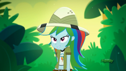 Size: 1366x768 | Tagged: safe, edit, edited screencap, screencap, character:rainbow dash, episode:leaping off the page, eqg summertime shorts, g4, my little pony: equestria girls, my little pony:equestria girls, clothing, hat, lip bite, midriff, pith helmet, short shirt