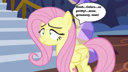 Size: 1280x720 | Tagged: safe, edit, edited screencap, screencap, character:fluttershy, episode:every little thing she does, g4, my little pony: friendship is magic, dialogue, female, fiducia compellia, flutterhigh, high, season 6, shrunken pupils, solo, speech bubble, stairs, text, twilight's castle