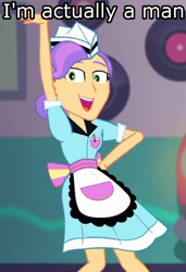 Size: 545x798 | Tagged: safe, edit, edited screencap, screencap, episode:coinky-dink world, eqg summertime shorts, g4, my little pony: equestria girls, my little pony:equestria girls, cropped, crossdressing, diner, diner uniform, image macro, male, meme, solo, tip top, waitress