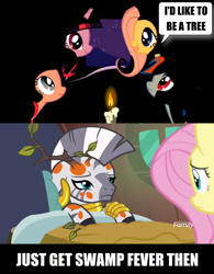 Size: 1276x1632 | Tagged: safe, edit, edited screencap, screencap, character:fluttershy, character:pinkie pie, character:rainbow dash, character:twilight sparkle, character:zecora, species:earth pony, species:pegasus, species:pony, species:unicorn, species:zebra, episode:a health of information, episode:over a barrel, g4, my little pony: friendship is magic, bed, candle, careful what you wish for, dialogue, discovery family logo, fluttertree, i'd like to be a tree, leaf, speech bubble, swamp fever, tree branch, zecora's hut