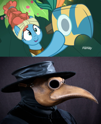 Size: 1900x2340 | Tagged: safe, edit, screencap, character:meadowbrook, species:pony, episode:a health of information, g4, my little pony: friendship is magic, bubonic plague, clothing, comparison, discovery family logo, healer's mask, mask, plague doctor, plague doctor mask, solo