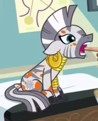 Size: 245x303 | Tagged: safe, edit, edited screencap, screencap, character:zecora, species:zebra, episode:a health of information, g4, my little pony: friendship is magic, attempted boop, bad idea, boop, boop edit, bracelet, cute, doctor's office, ear piercing, earring, gold, imminent bite, jewelry, necklace, open mouth, piercing, sitting, swamp fever, this will end in amputation, this will end in pain, zecorable