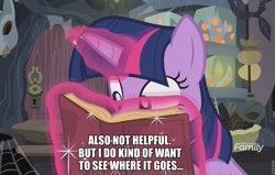 Size: 960x610 | Tagged: safe, edit, edited screencap, screencap, character:twilight sparkle, character:twilight sparkle (alicorn), species:alicorn, species:pony, episode:a health of information, g4, my little pony: friendship is magic, book, implied shipping, shiplight sparkle, shipper on deck, twilight the shipper