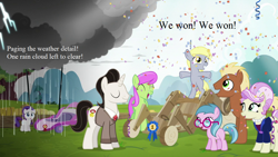 Size: 1280x720 | Tagged: safe, edit, edited screencap, screencap, character:derpy hooves, character:meadow song, character:merry may, character:rarity, episode:the cart before the ponies, g4, my little pony: friendship is magic, blue lily, cart, confetti, female, filly, filly derpy, filly rarity, medallion gold, rain, rosetta, text, younger