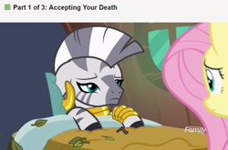 Size: 1920x1270 | Tagged: safe, edit, edited screencap, screencap, character:fluttershy, character:zecora, species:pegasus, species:pony, species:zebra, episode:a health of information, g4, my little pony: friendship is magic, bed, discovery family logo, female, implied death, leaves, mare, meme, ponified meme, sick, wikihow, zecora's hut
