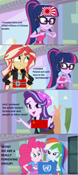 Size: 836x1864 | Tagged: safe, edit, edited screencap, screencap, character:pinkie pie, character:rainbow dash, character:starlight glimmer, character:sunset shimmer, character:twilight sparkle, character:twilight sparkle (scitwi), species:eqg human, equestria girls:mirror magic, g4, my little pony: equestria girls, my little pony:equestria girls, spoiler:eqg specials, beanie, clothing, counterparts, eqg flag-tag meme, flag, hat, japan, japanese empire, nazi germany, screencap comic, soviet union, stalin glimmer, twilight's counterparts, united nations, world war ii