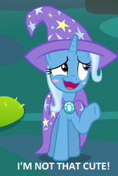 Size: 400x596 | Tagged: safe, edit, edited screencap, screencap, character:trixie, species:pony, species:unicorn, episode:to change a changeling, g4, my little pony: friendship is magic, blatant lies, blush sticker, blushing, cape, clothing, cute, diatrixes, female, hat, i'm not cute, raised hoof, smiling, solo, trixie's cape, trixie's hat