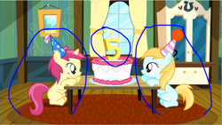 Size: 1606x904 | Tagged: safe, edit, edited screencap, screencap, character:cerise bud, species:earth pony, species:pony, species:unicorn, episode:pinkie pride, g4, my little pony: friendship is magic, 5th birthday, background pony, birthday cake, birthday candle, cake, candle, cerisebetes, circled, circles, duo, female, filly, foal, food, happy birthday, number candle, rose petal, rosy gold, rosybetes, the super duper party pony