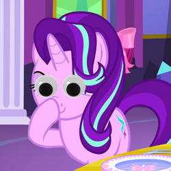 Size: 600x600 | Tagged: safe, edit, edited screencap, screencap, character:starlight glimmer, species:pony, species:unicorn, episode:no second prances, g4, my little pony: friendship is magic, boop, cropped, exploitable meme, eye, eyes, female, glimmerposting, googly eyes, lidded eyes, mare, meme, raised eyebrow, self-boop, smiling, smirk, solo, special eyes
