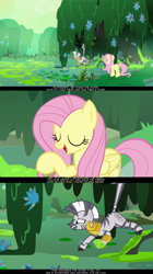 Size: 1280x2281 | Tagged: safe, edit, edited screencap, screencap, character:fluttershy, character:zecora, species:pegasus, species:pony, species:zebra, episode:a health of information, g4, my little pony: friendship is magic, criss cross moss, duo, ear piercing, earring, everfree forest, female, flower, jewelry, leg rings, mare, moss, neck rings, piercing, psyga's alternate pony scenes, screencap comic, swamp, swamp fever plant, text