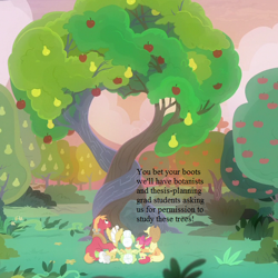 Size: 650x650 | Tagged: safe, edit, edited screencap, screencap, character:apple bloom, character:applejack, character:big mcintosh, character:grand pear, character:granny smith, episode:the perfect pear, g4, my little pony: friendship is magic, apple, apple tree, cropped, food, intertwined trees, pear, pear tree, sweet apple acres, text, tree