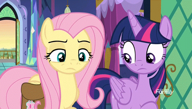 Size: 637x360 | Tagged: safe, edit, edited screencap, screencap, character:fluttershy, character:twilight sparkle, character:twilight sparkle (alicorn), species:alicorn, species:pegasus, species:pony, episode:a health of information, g4, my little pony: friendship is magic, animated, chocolate, chocolate milk, cute, discovery family logo, everything is ruined, exploitable meme, eye shimmer, eyes on the prize, female, floppy ears, frown, gif, hoof hold, mare, meme, milk, open mouth, pure unfiltered evil, sad, saddle bag, spilled milk, talking, text, this will end in tears, wide eyes