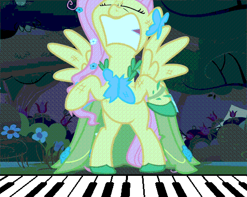Size: 500x400 | Tagged: safe, edit, edited screencap, screencap, character:fluttershy, species:pegasus, species:pony, episode:the best night ever, g4, my little pony: friendship is magic, angry, animated, clothing, dress, female, flutterrage, gala dress, gif, mare, piano, solo