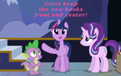Size: 1129x715 | Tagged: safe, edit, edited screencap, screencap, character:spike, character:starlight glimmer, character:twilight sparkle, character:twilight sparkle (alicorn), species:alicorn, species:dragon, species:pony, episode:to where and back again, g4, my little pony: friendship is magic, book, box, caption, cloud, cropped, cute, looking up, mountain, mural, raised hoof, smiling, smirk, stairs, text, twiabetes, twilight's castle