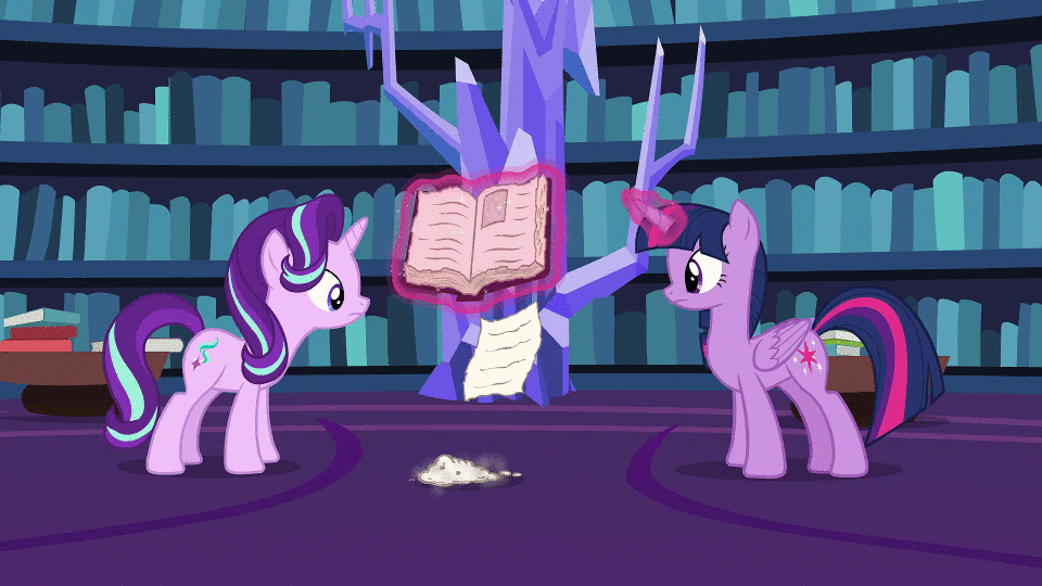 Size: 960x540 | Tagged: safe, edit, screencap, character:starlight glimmer, character:twilight sparkle, character:twilight sparkle (alicorn), species:alicorn, species:pony, episode:fame and misfortune, g4, my little pony: friendship is magic, animated, book, caption, dust, friendship journal, gif, levitation, looking at each other, magic, page, sassy, table, telekinesis, text, twilight's castle, twilight's castle library
