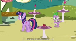 Size: 639x346 | Tagged: safe, edit, edited screencap, screencap, character:spike, character:twilight sparkle, species:dragon, species:pony, species:unicorn, episode:too many pinkie pies, g4, my little pony: friendship is magic, apple, butt, caption, female, food, male, mare, plot, youtube caption