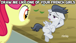 Size: 1024x576 | Tagged: safe, edit, edited screencap, screencap, character:apple bloom, character:rumble, species:pegasus, species:pony, episode:marks and recreation, g4, my little pony: friendship is magic, caption, colt, discovery family logo, draw me like one of your french girls, image macro, male, meme, rumbloom, shipping, straight
