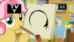 Size: 1320x742 | Tagged: safe, edit, edited screencap, screencap, character:kettle corn, species:earth pony, species:pony, episode:marks and recreation, g4, my little pony: friendship is magic, arrival (movie), circle painting, female, filly, foal, heptapod b, kettle draws, meme, mouth hold, paintbrush, solo