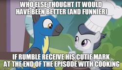 Size: 864x500 | Tagged: safe, edit, edited screencap, screencap, character:rumble, character:thunderlane, species:pegasus, species:pony, episode:marks and recreation, g4, my little pony: friendship is magic, colt, cooking, image macro, male, meme