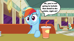 Size: 1280x720 | Tagged: safe, edit, edited screencap, screencap, character:rainbow dash, episode:the saddle row review, g4, my little pony: friendship is magic, booth, dialogue, diner, drink, female, nervous, season 6, solo, speech bubble, straw, table, text
